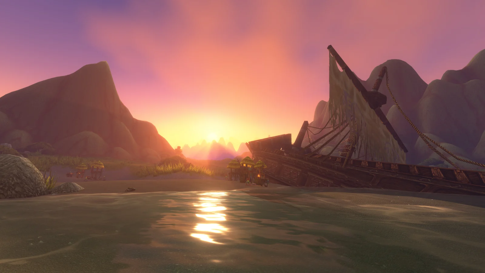 Les Rives claires au soleil couchant dans World of Warcraft Forever. Image d’ambiance ; compatibilité Forever encore à qualifier.